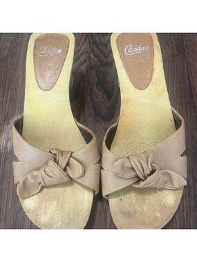 VTG CANDIE'S Wooden Leather Bow Knot Slides Size 6.5